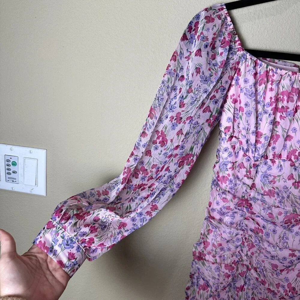 ZARA Purple Pink Floral Ruched Sheer Long Sleeve Mini Dress Size Small